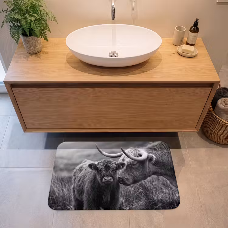 Schotse hooglander - Kalf - Zwart - Wit Badmat middel -sfeer1