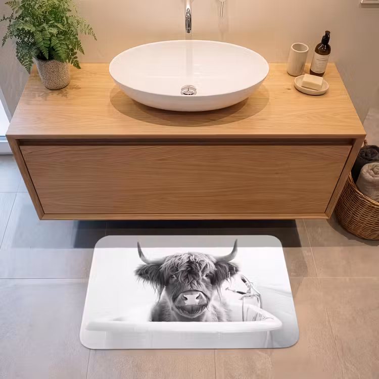 Schotse Hooglander - Koe - Bad - Zwart wit Badmat middel -sfeer1