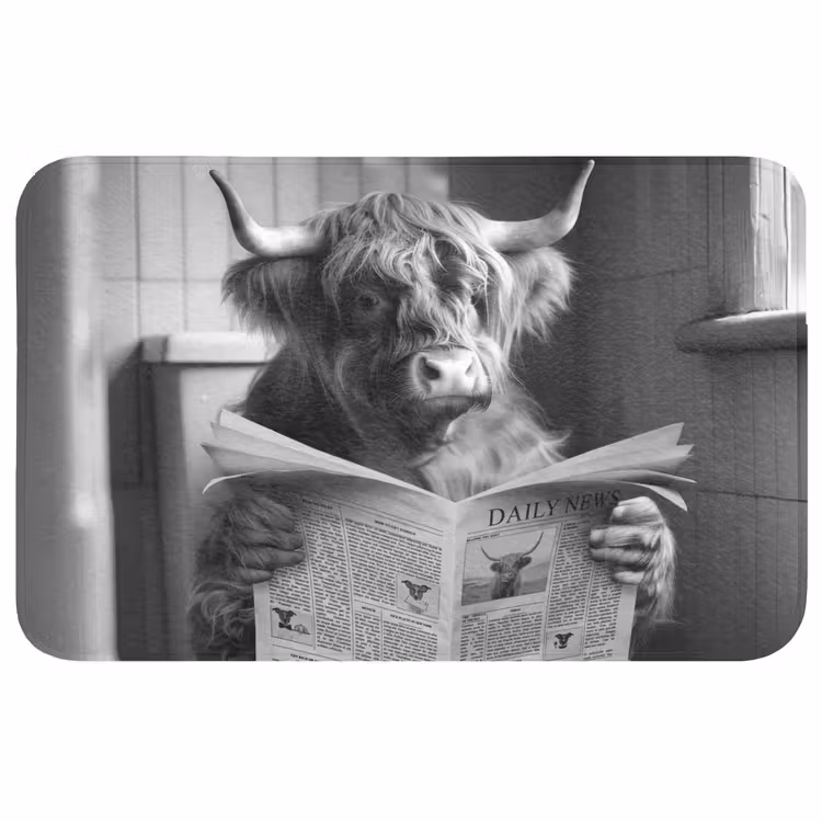 Schotse hooglander - Koe - Krant - WC - Zwart wit Badmat middel -3d