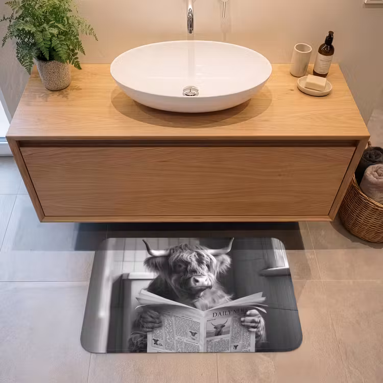 Schotse hooglander - Koe - Krant - WC - Zwart wit Badmat middel -sfeer1
