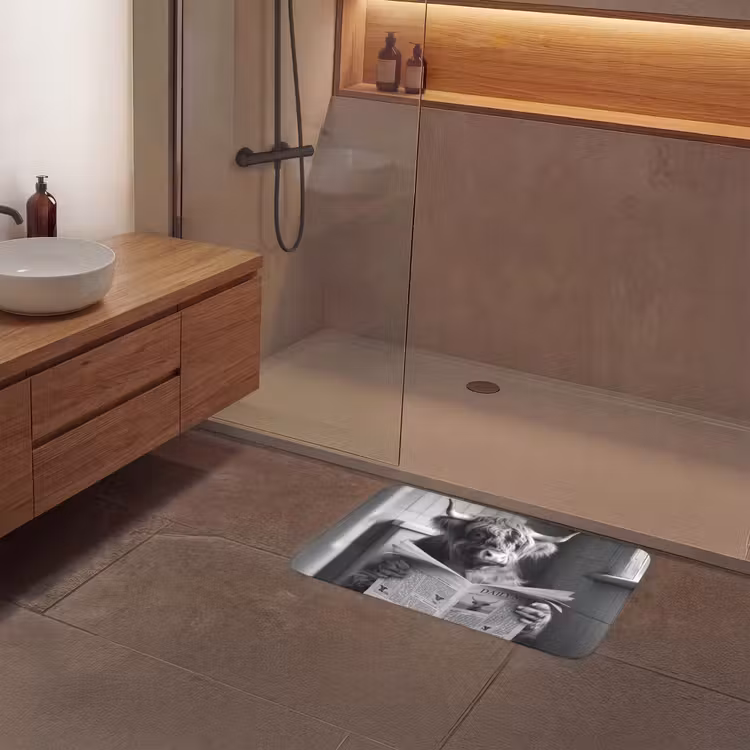 Schotse hooglander - Koe - Krant - WC - Zwart wit Badmat middel -sfeer2