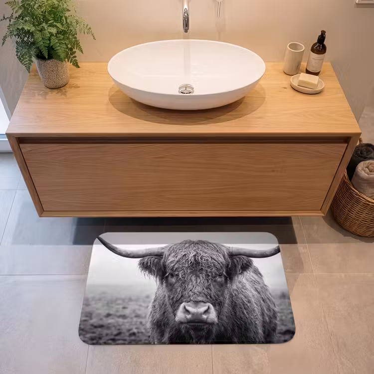 Schotse hooglander - Zwart - Wit - Gras Badmat middel -sfeer1