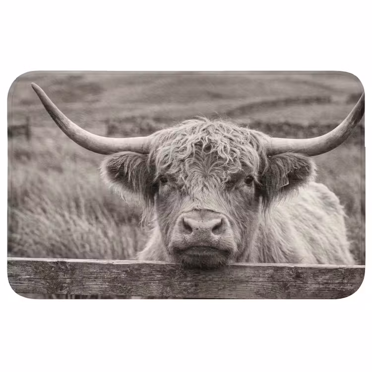 Schotse hooglander - Zwart - Wit - Hout Badmat middel -3d