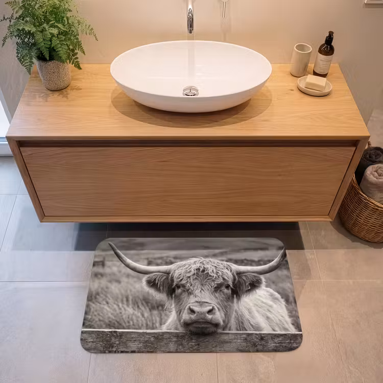 Schotse hooglander - Zwart - Wit - Hout Badmat middel -sfeer1