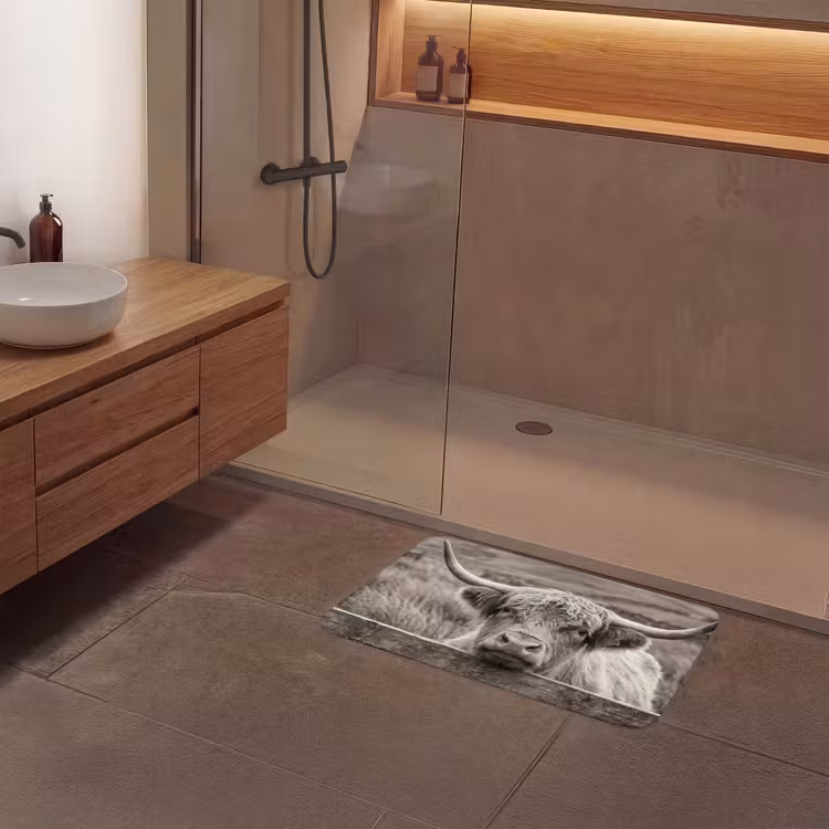 Schotse hooglander - Zwart - Wit - Hout Badmat middel -sfeer2
