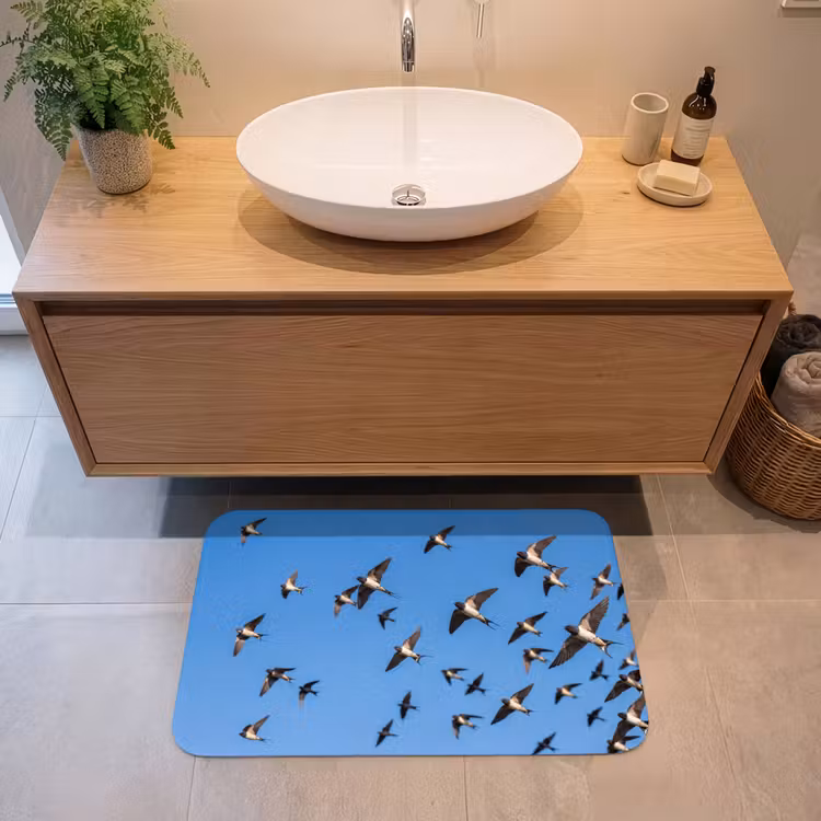 Zwaluwen - Vliegen - Blauw Badmat middel -sfeer1