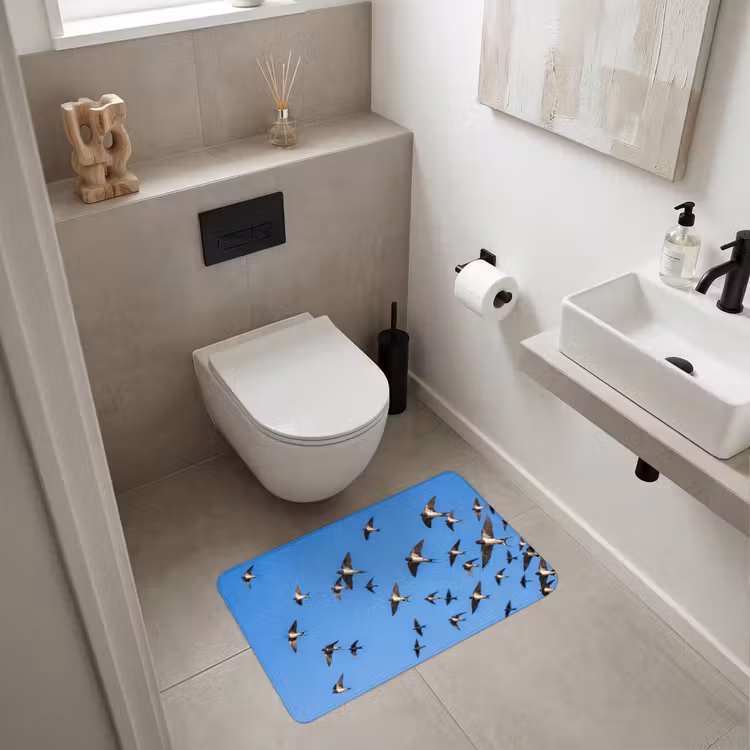 Zwaluwen - Vliegen - Blauw Badmat middel -sfeer4