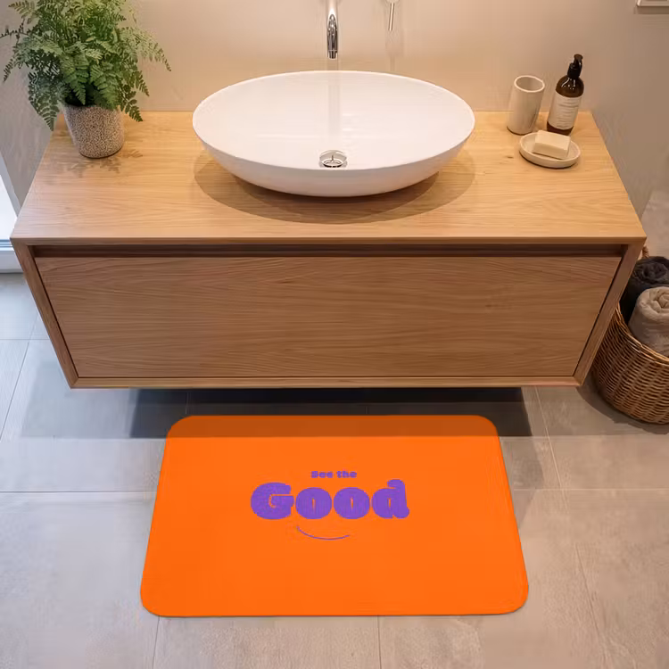 See the good - Paars - Oranje - Smiley Badmat middel -sfeer1
