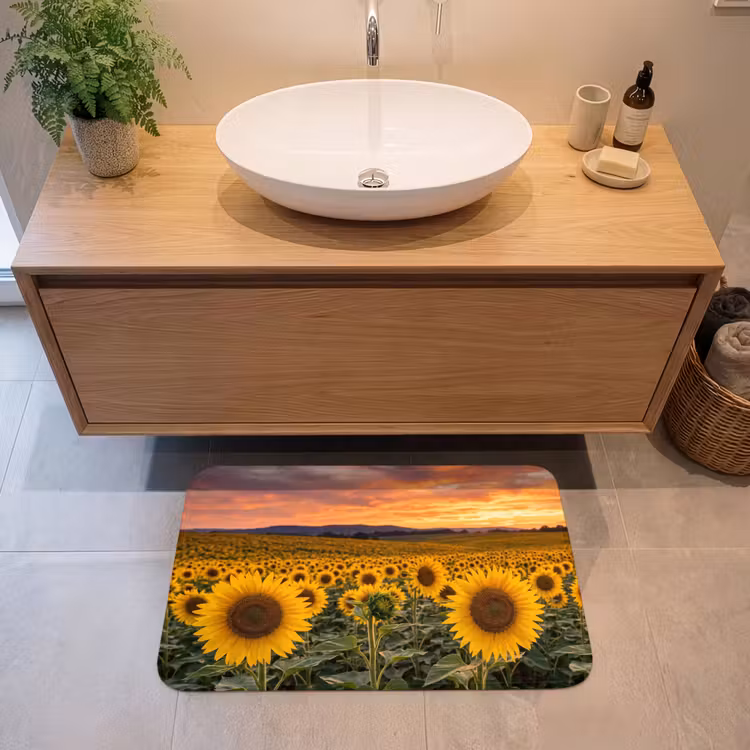 Zonnebloemen - Heuvellandschap - Geel Badmat middel -sfeer1