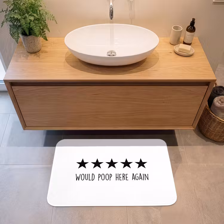 Spreuken - Would poop here again - Zwart - Quote Badmat middel -sfeer1
