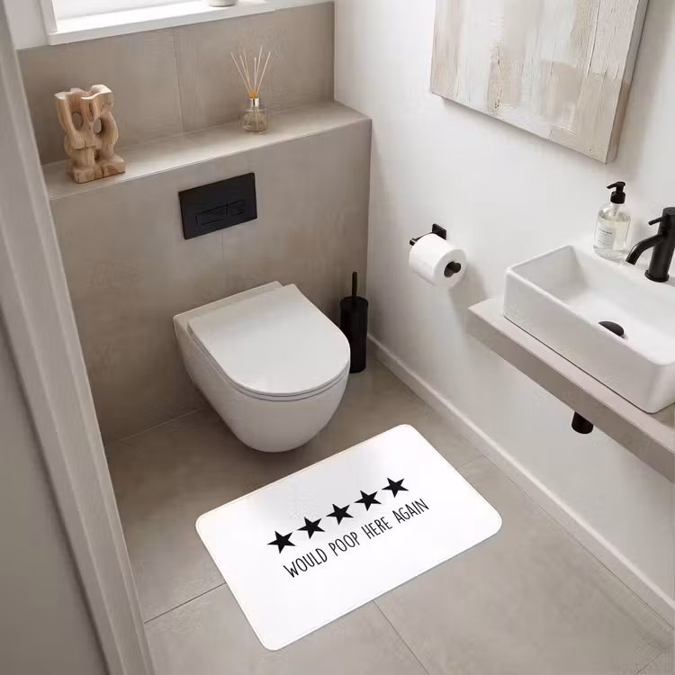 Spreuken - Would poop here again - Zwart - Quote Badmat middel -sfeer4