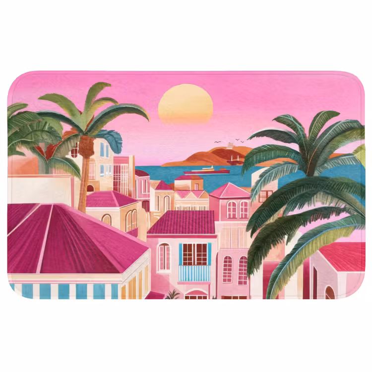 Stad - Roze - Palmbomen Badmat middel -3d