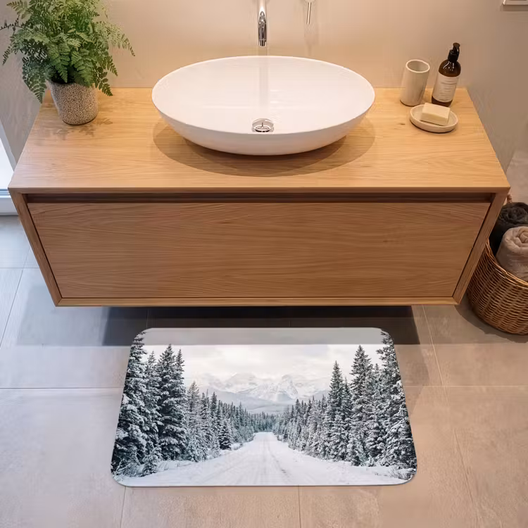 Weg - Sneeuw - Naaldbos - Winter - Avontuurlijk Badmat middel -sfeer1