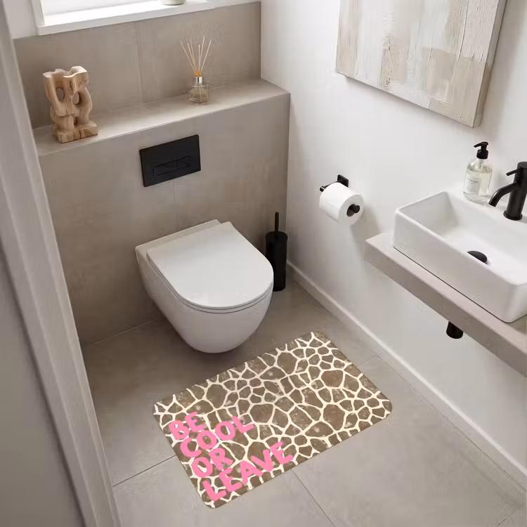 Tekst - Be cool or leave - Roze - Giraffenprint Badmat middel -sfeer4