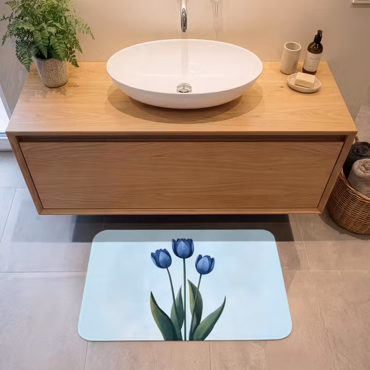 Tulpen - Blauw - Bladeren Badmat middel -sfeer1