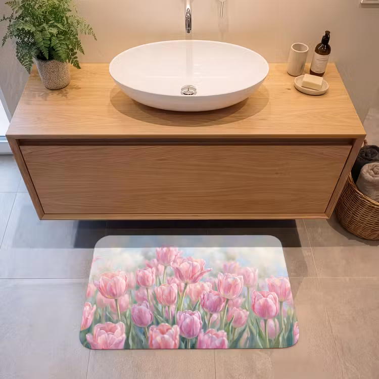 Tulpen - Veld - Lente - Roze Badmat middel -sfeer1