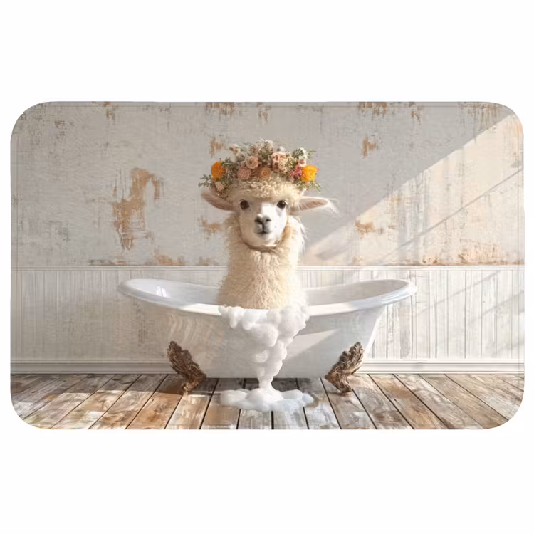 Vintage - Alpaca - Badkuip - Bloemen - Dieren Badmat middel -3d