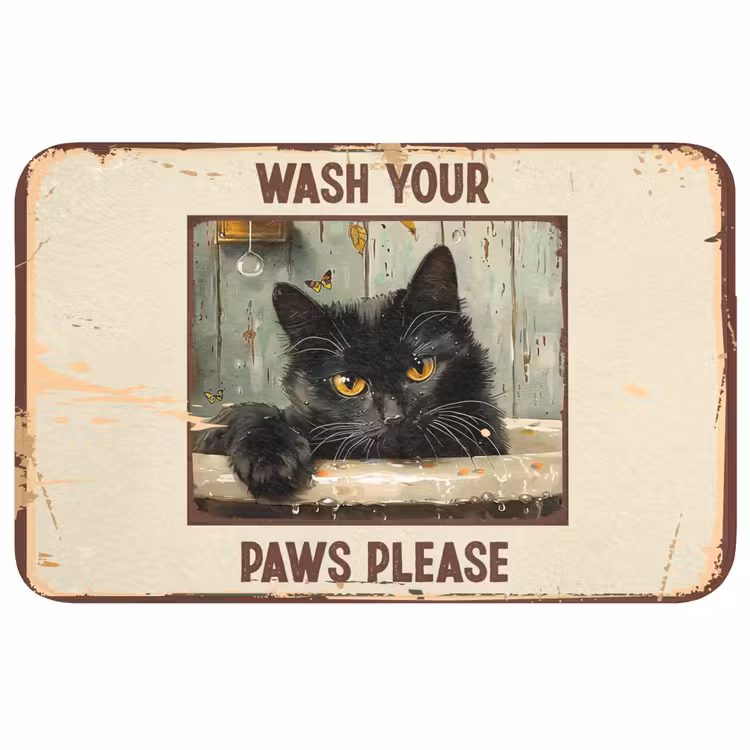 Vintage - Kat - Quotes - Wash your paws please - Spreuken Badmat middel -3d