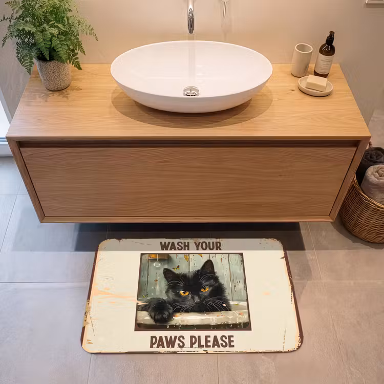 Vintage - Kat - Quotes - Wash your paws please - Spreuken Badmat middel -sfeer1