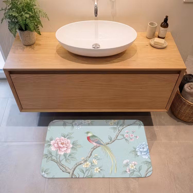 Vogel - Bloemen - Kleurrijk Badmat middel -sfeer1