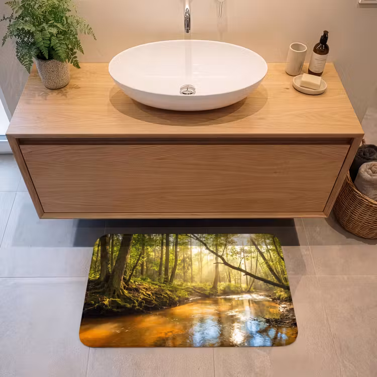 Bos - Beek - Zonlicht - Natuur - Groen Badmat middel -sfeer1