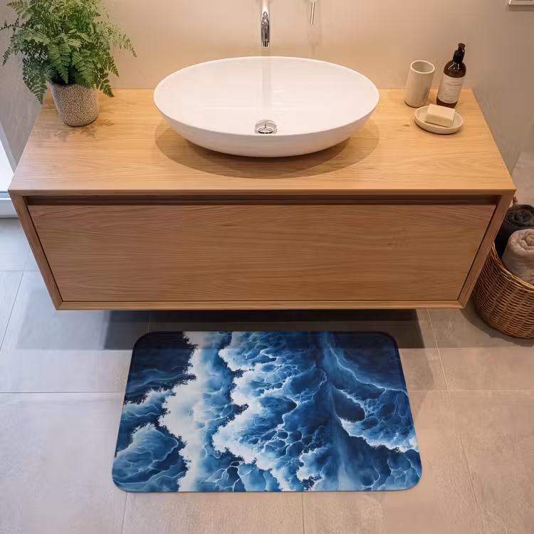 Golven - Blauw - Schuim Badmat middel -sfeer1