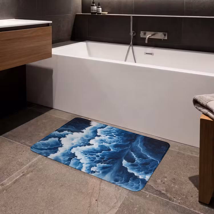 Golven - Blauw - Schuim Badmat middel -sfeer3
