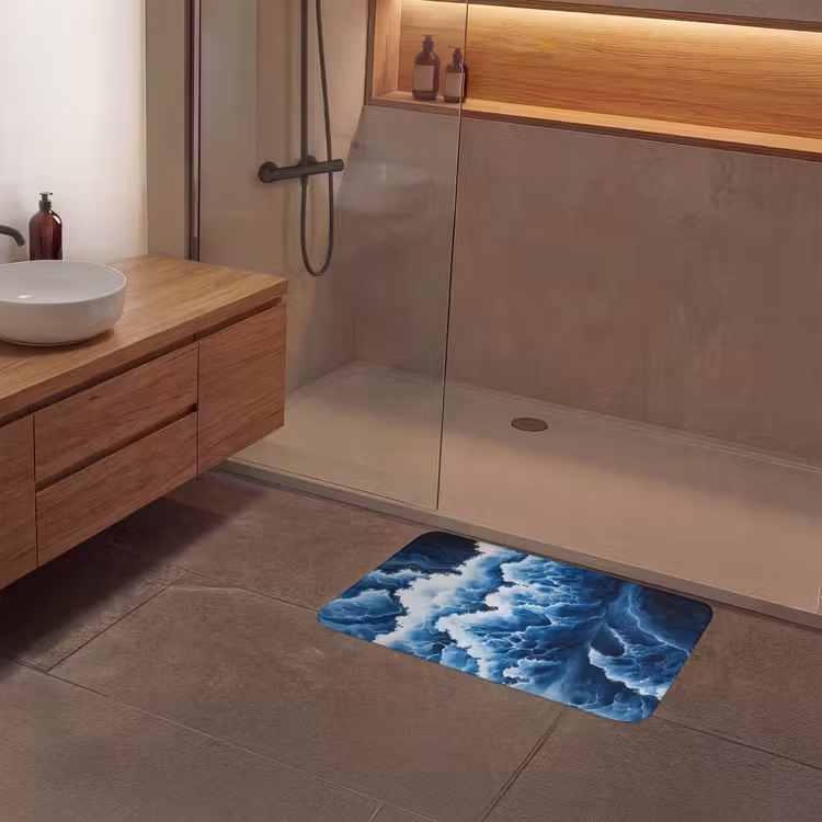 Golven - Blauw - Schuim Badmat middel -sfeer2