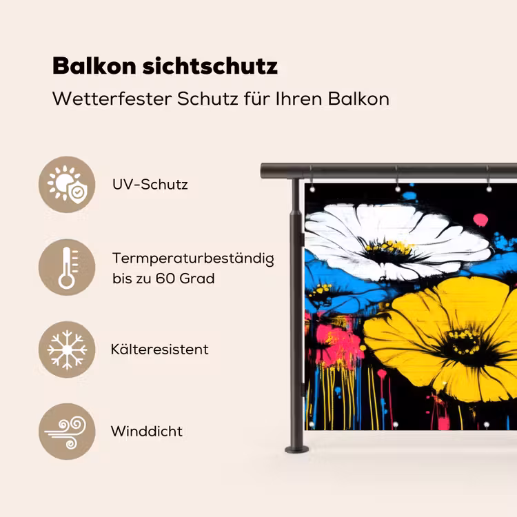 Graffiti - Bloemen - Kleur Balkonbeschermer Duitsland klein -specs