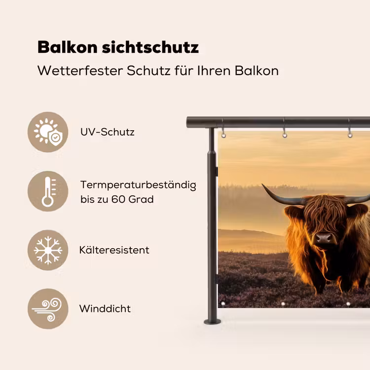 Schotse hooglanders - Heide - Landschap - Dieren Balkonbeschermer Duitsland klein -specs
