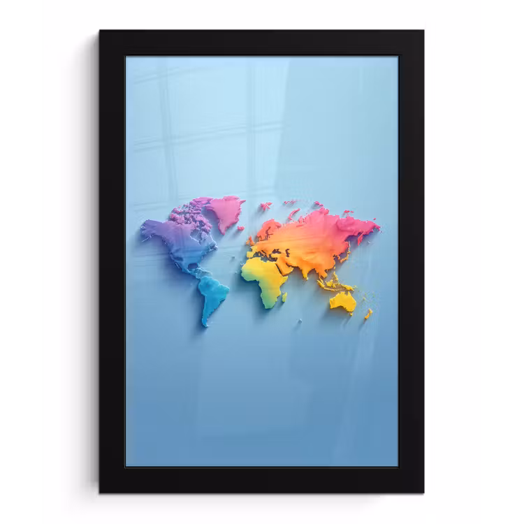 3D - Regenboog - Wereldkaart fotolijst zwart zonder passe partout klein -3d