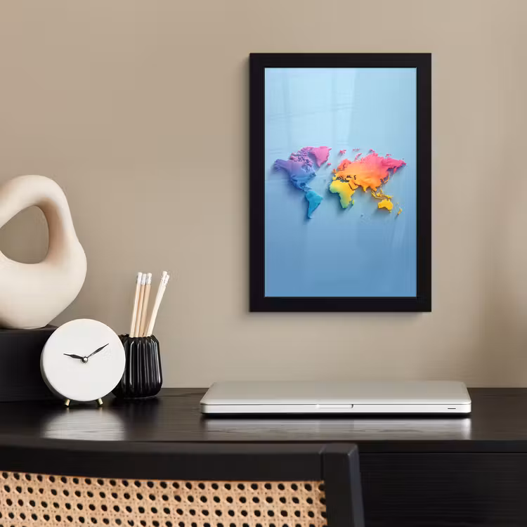 3D - Regenboog - Wereldkaart fotolijst zwart zonder passe partout klein -sfeer1
