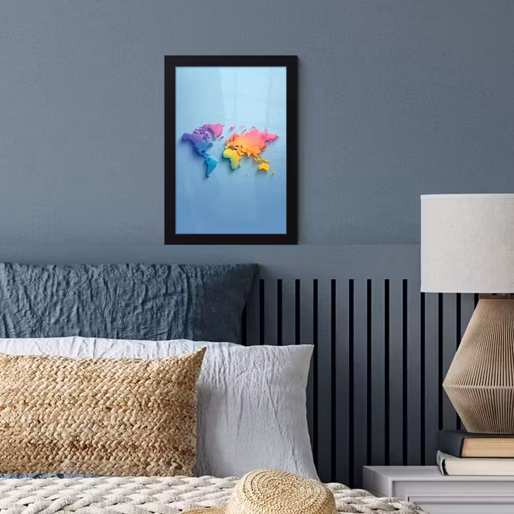 3D - Regenboog - Wereldkaart fotolijst zwart zonder passe partout klein -sfeer3