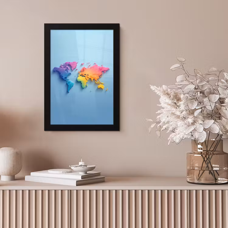 3D - Regenboog - Wereldkaart fotolijst zwart zonder passe partout klein -sfeer5