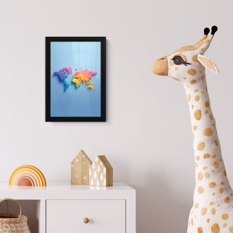 3D - Regenboog - Wereldkaart fotolijst zwart zonder passe partout klein -usfeer4_kinderkamer