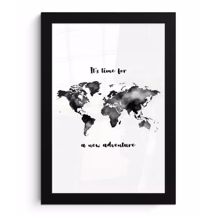 Avontuur - Quote - Wereldkaart - Zwart fotolijst zwart zonder passe partout klein -3d