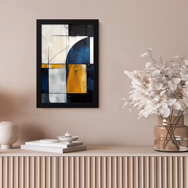 Abstract - Vormen - Goud - Blauw - Geometrisch fotolijst zwart zonder passe partout klein -sfeer5