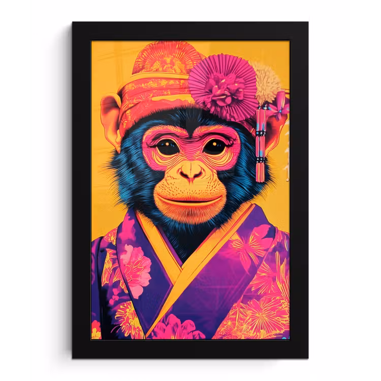 Aap - Kimono - Bloemen - Hoofdtooi fotolijst zwart zonder passe partout klein -3d