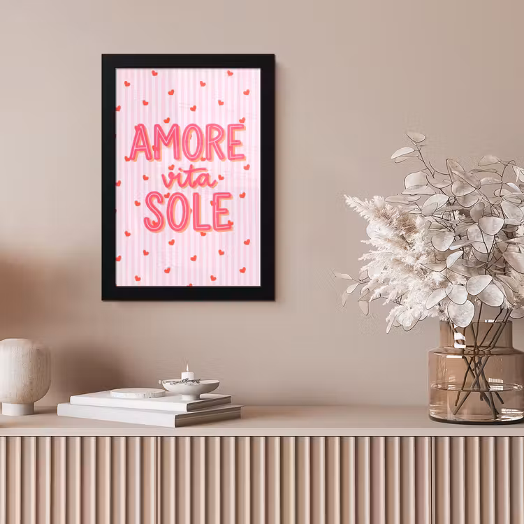 Amore vita sole - Roze - Hartjes fotolijst zwart zonder passe partout klein -sfeer5
