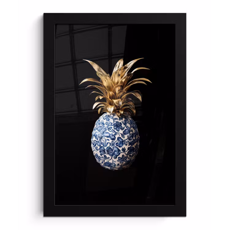 Ananas - Bloemen patroon - Goud - Delftsblauw fotolijst zwart zonder passe partout klein -3d