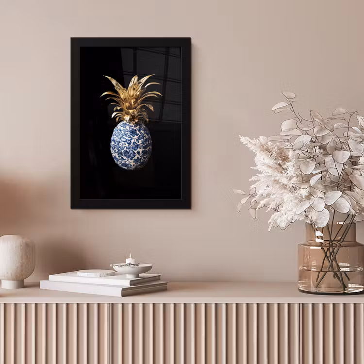 Ananas - Bloemen patroon - Goud - Delftsblauw fotolijst zwart zonder passe partout klein -sfeer5
