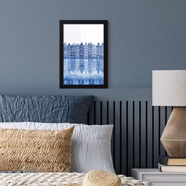 Aquarel - Grachtenpanden - Delfts - Blauw fotolijst zwart zonder passe partout klein -sfeer3