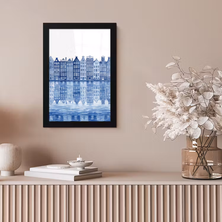 Aquarel - Grachtenpanden - Delfts - Blauw fotolijst zwart zonder passe partout klein -sfeer5