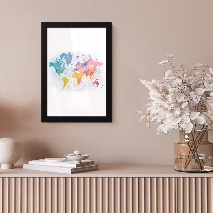 Waterverf - Wereldkaart - Continenten fotolijst zwart zonder passe partout klein -sfeer5