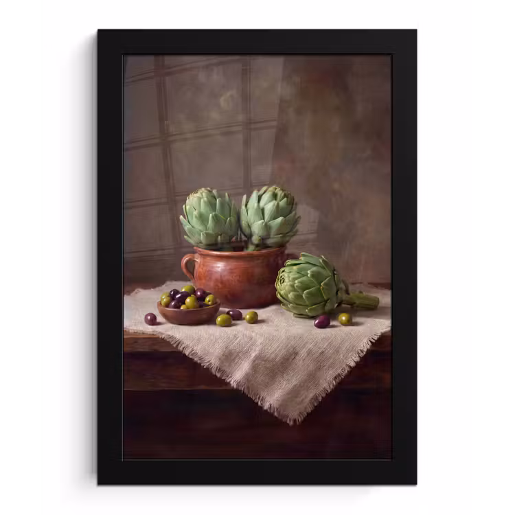 Bilder mit Rahmen - Artischocken – Oliven – Essen - Artisjokken - Olijven - Eten fotolijst zwart zonder passe partout klein