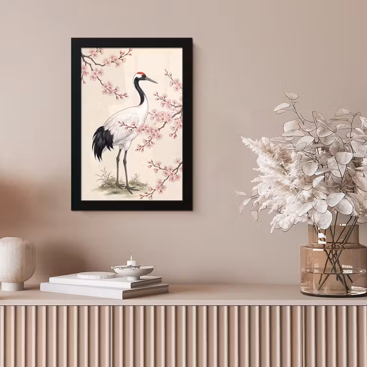 Aziatisch - Kraanvogel - Beige fotolijst zwart zonder passe partout klein -sfeer5