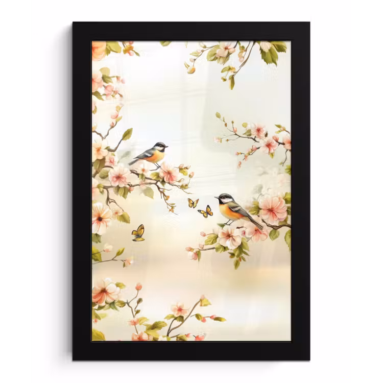 Takken - Bloemen - Vogeltjes - Roze fotolijst zwart zonder passe partout klein -3d