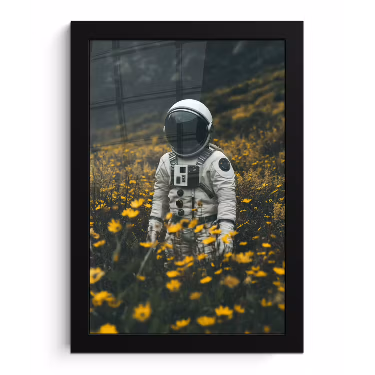 Astronaut - Bloemen - Veld - Geel fotolijst zwart zonder passe partout klein -3d