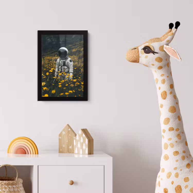 Astronaut - Bloemen - Veld - Geel fotolijst zwart zonder passe partout klein -usfeer4_kinderkamer