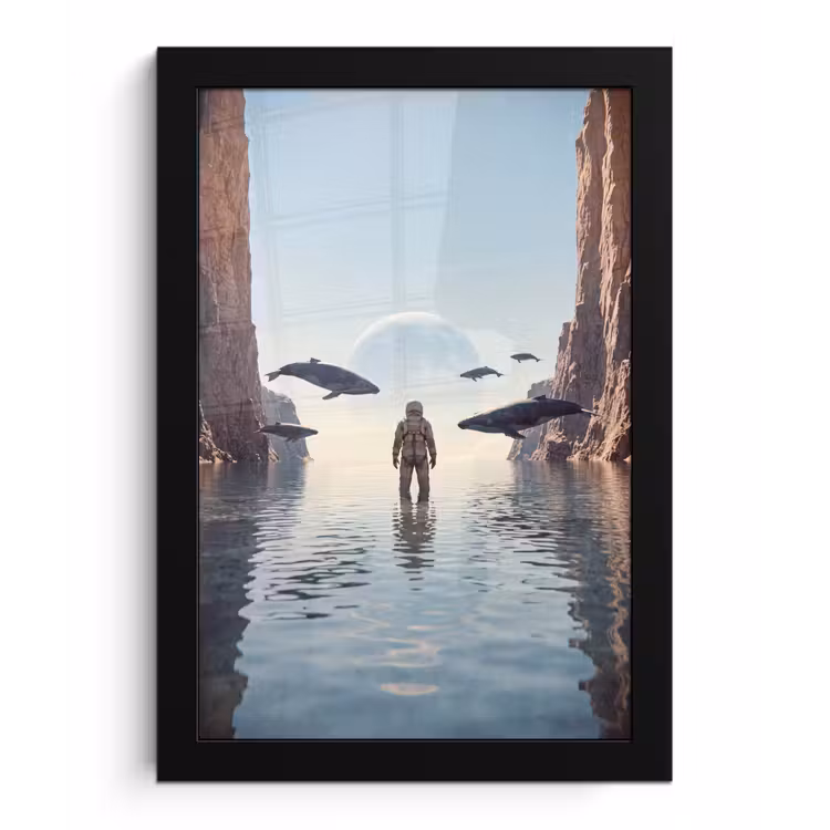 Bilder mit Rahmen - Astronaut – Wal – Fantasie - Ruimtevaarder - Walvis - Fantasie fotolijst zwart zonder passe partout klein